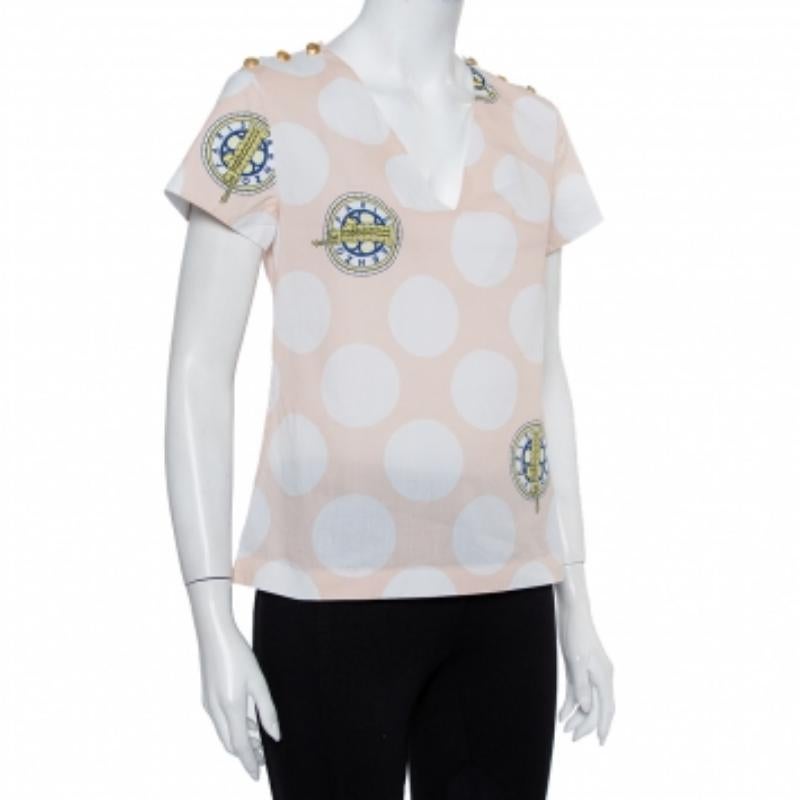 Women's Kenzo Beige Polka Dot Logo Printed Cotton V-Neck Top S For Sale