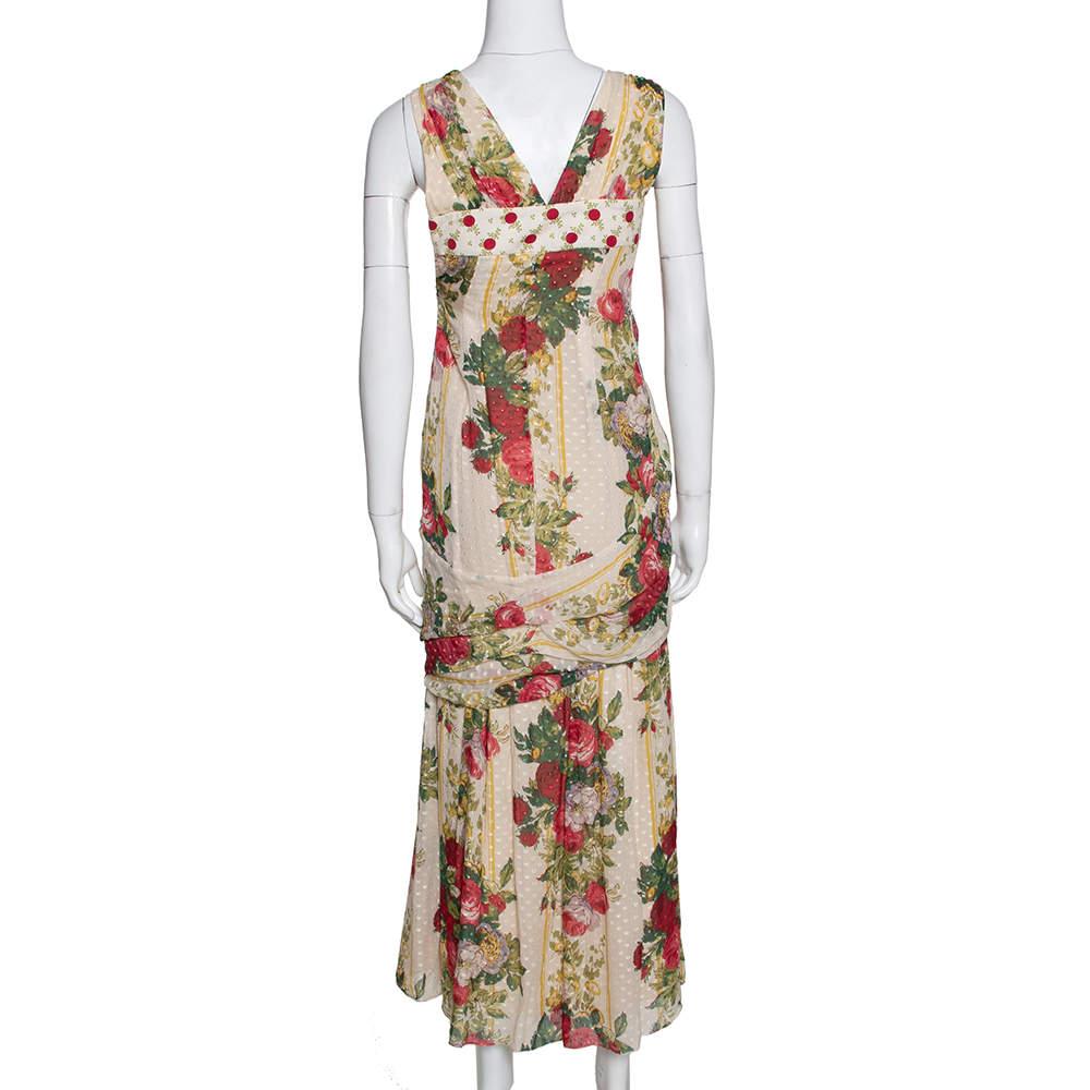 Kenzo Beige Polka Textured Floral Print Silk Draped Maxi Dress S In Good Condition In Dubai, Al Qouz 2