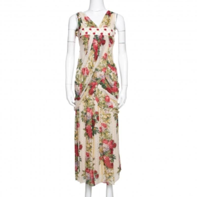 Beige Kenzo Robe longue drapée en soie beige à imprimé floral texturé et à pois S en vente