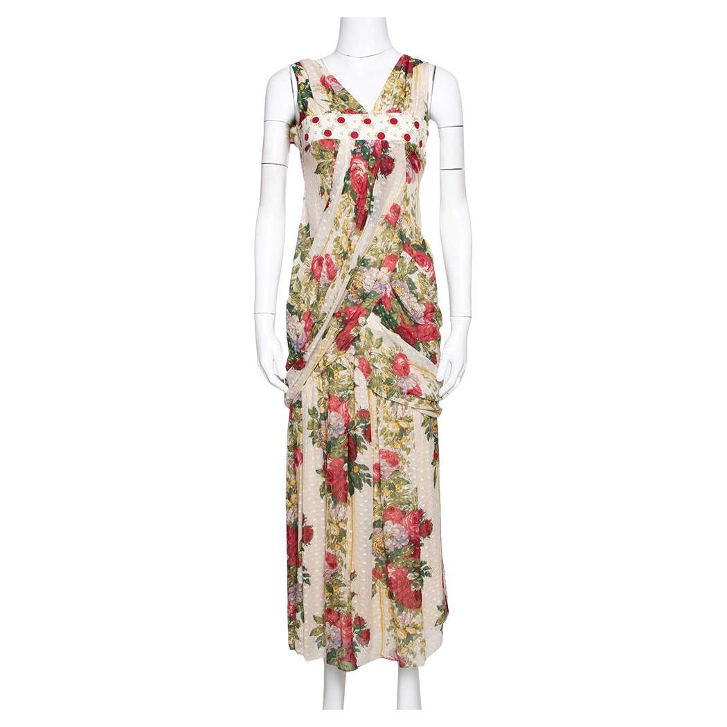 Kenzo Beige Polka Textured Floral Print Silk Draped Maxi Dress S
