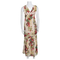 Kenzo Beige Polka Textured Floral Print Silk Draped Maxi Dress S