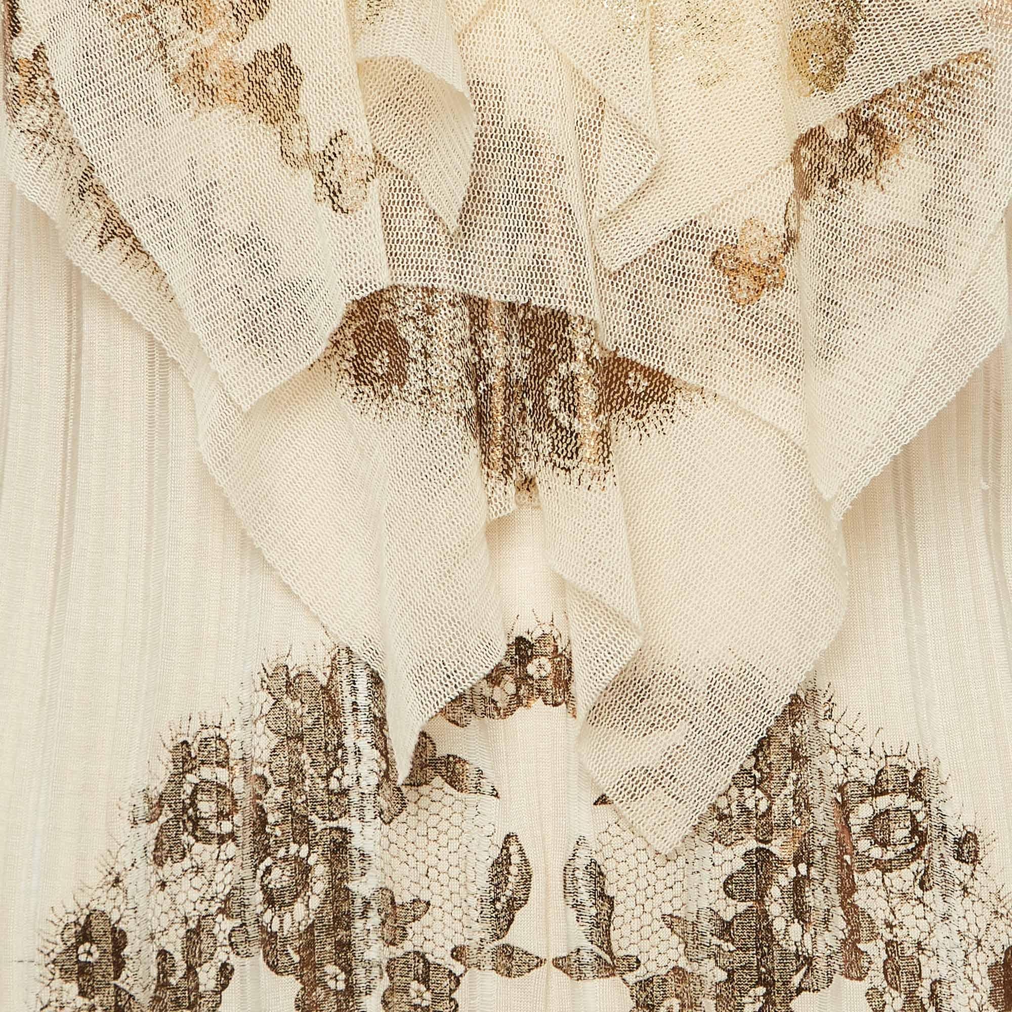 Kenzo Beige Printed Jersey and Mesh Ruffle Trimmed T-Shirt XL In Good Condition In Dubai, Al Qouz 2