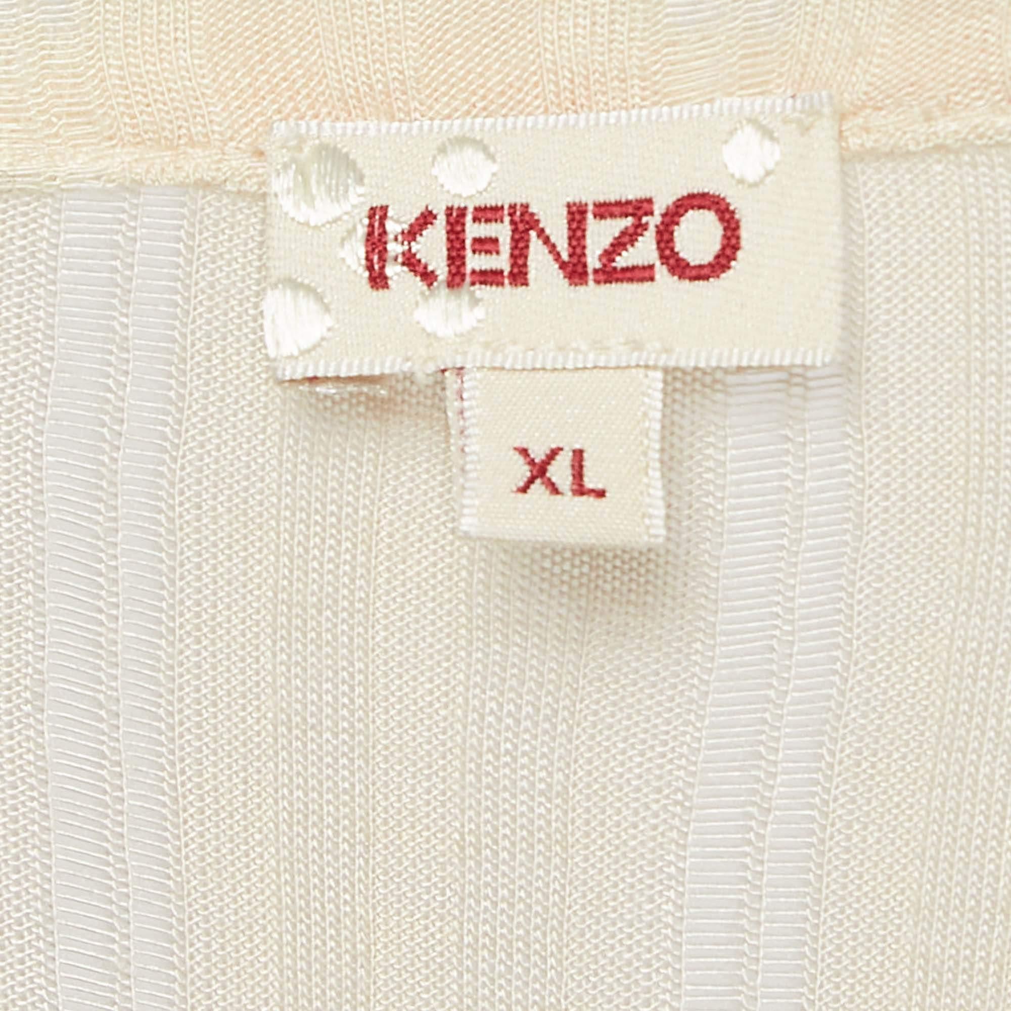 Women's Kenzo Beige Printed Jersey and Mesh Ruffle Trimmed T-Shirt XL