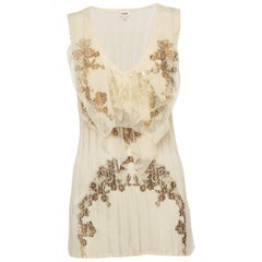 Kenzo Beige Printed Jersey and Mesh Ruffle Trimmed T-Shirt XL