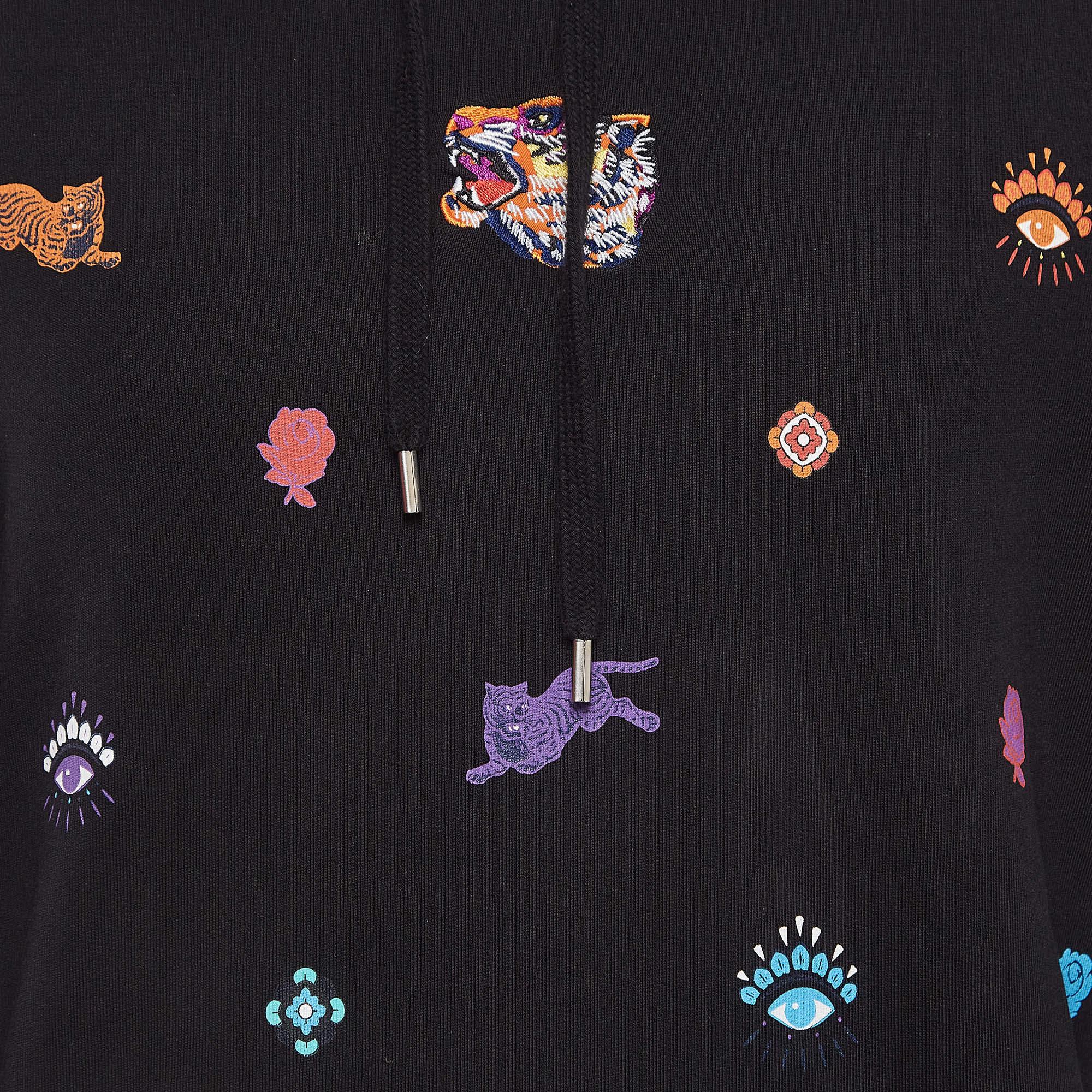 Kenzo Black All Over Print Cotton Long Sleeve Hoodie S In Good Condition For Sale In Dubai, Al Qouz 2