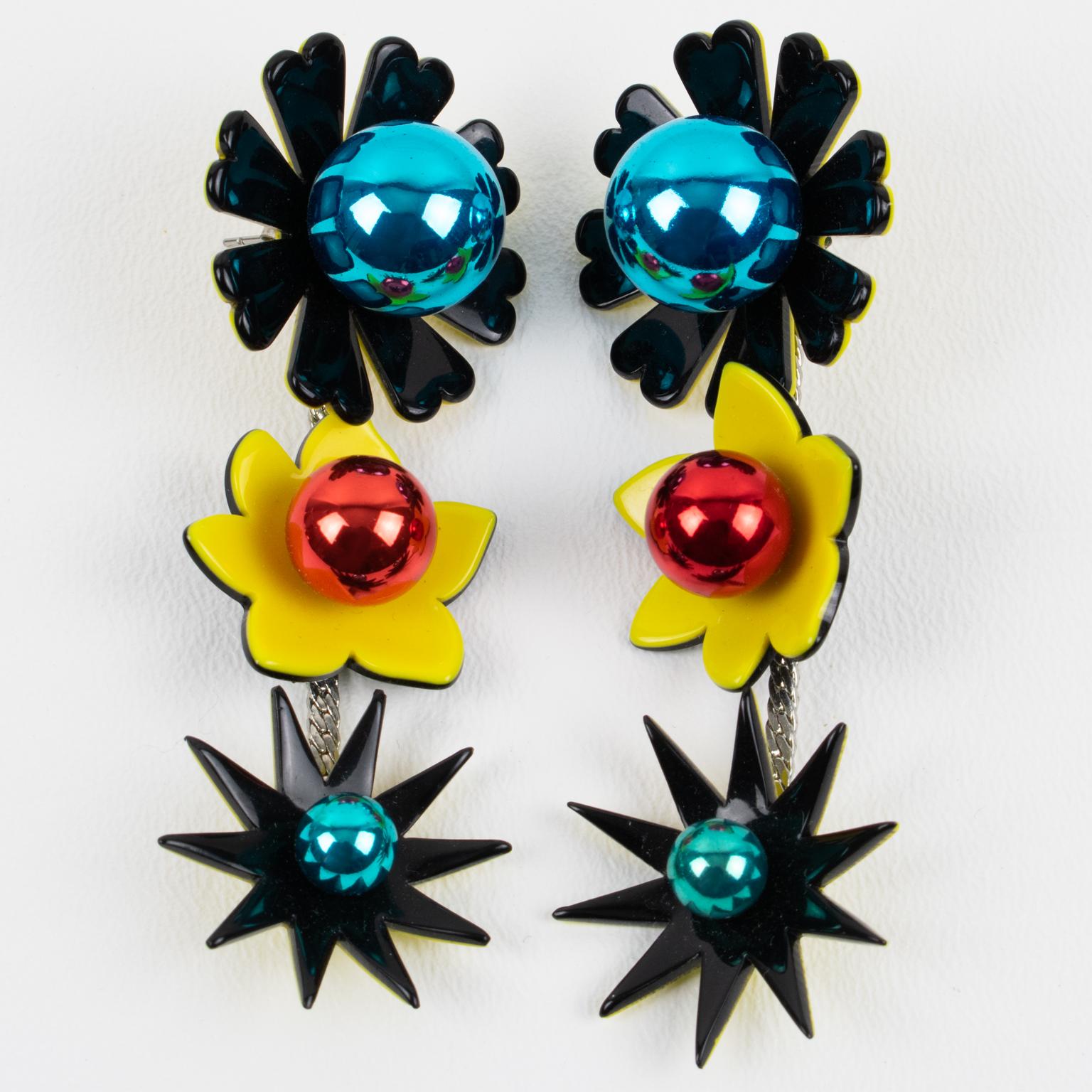 Romantic Kenzo Black, Blue and Yellow Acrylic Floral Dangle Earrings For Sale
