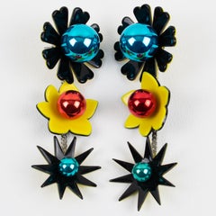 Kenzo Black, Blue and Yellow Acrylic Floral Dangle Pierced Earrings