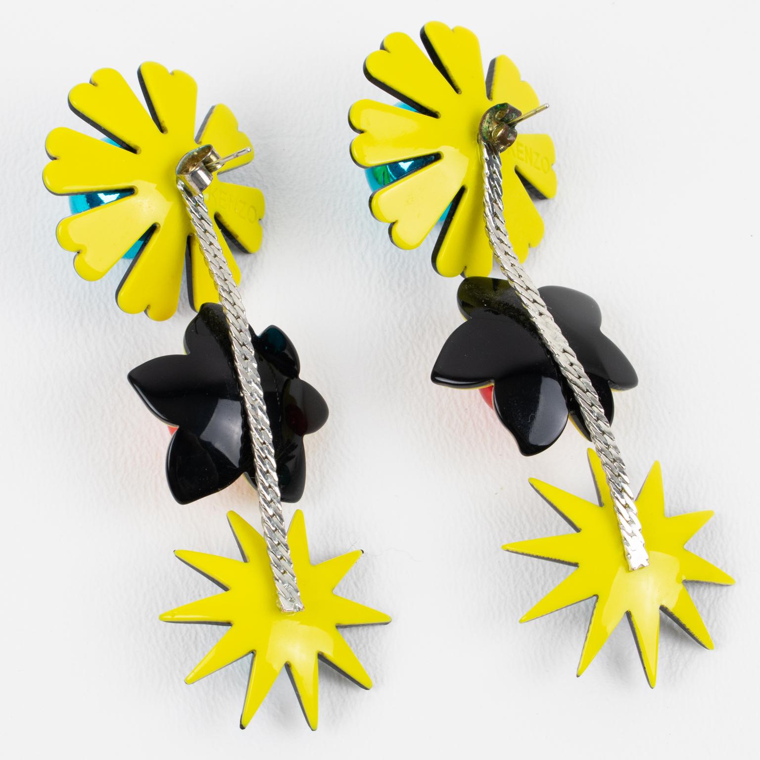 Kenzo Black, Blue and Yellow Acrylic Floral Dangle Earrings In Excellent Condition For Sale In Atlanta, GA