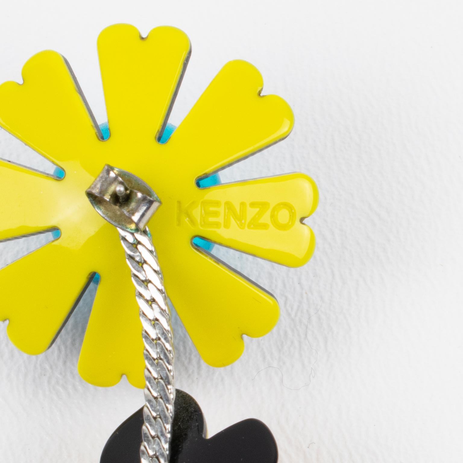 Women's or Men's Kenzo Black, Blue and Yellow Acrylic Floral Dangle Earrings For Sale