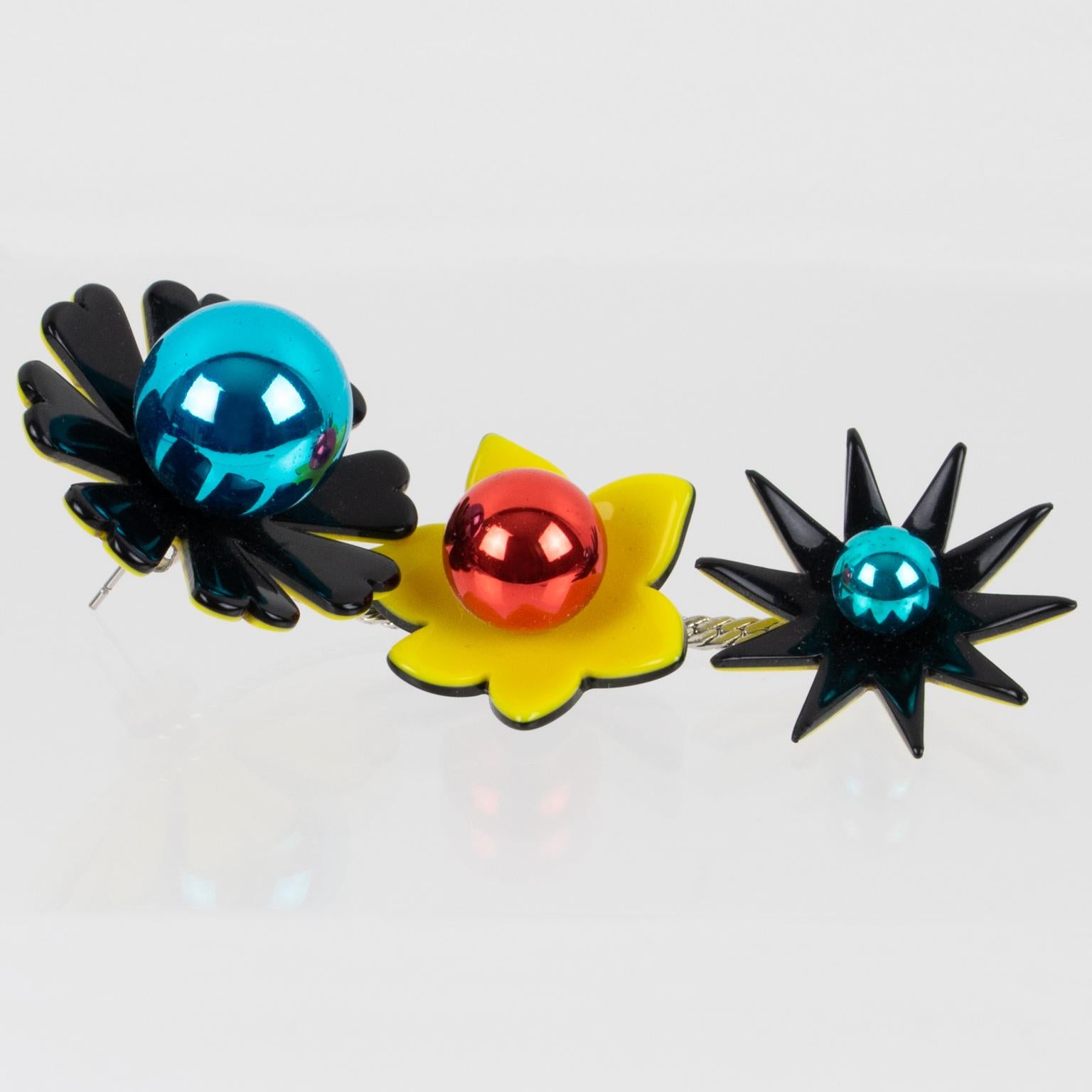 Kenzo Black, Blue and Yellow Acrylic Floral Dangle Earrings For Sale 1