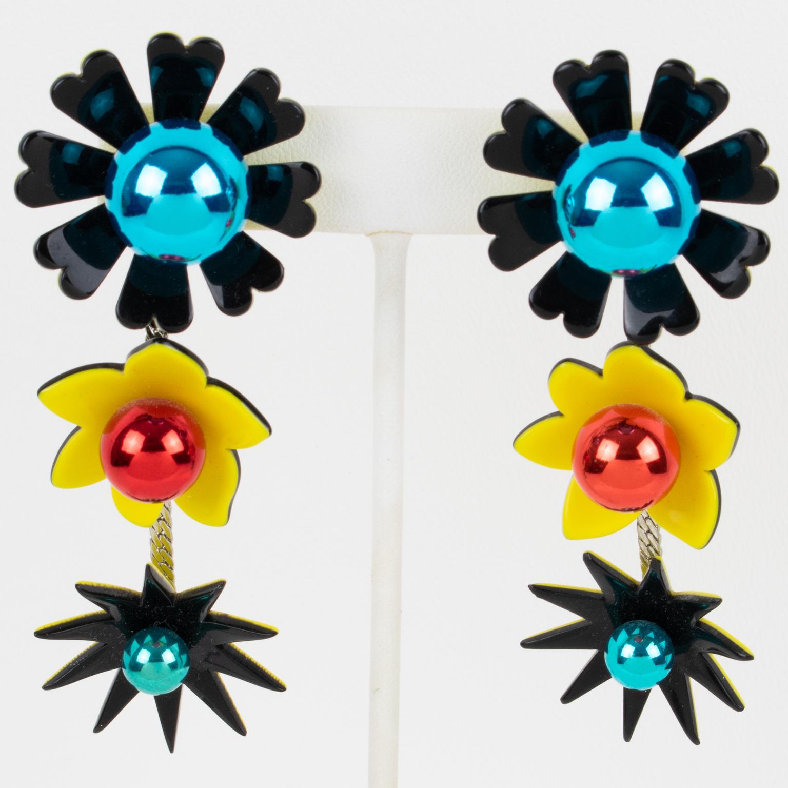 Kenzo Black, Blue and Yellow Acrylic Floral Dangle Earrings For Sale 2