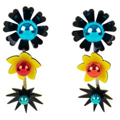 Kenzo Black, Blue and Yellow Acrylic Floral Dangle Pierced Earrings