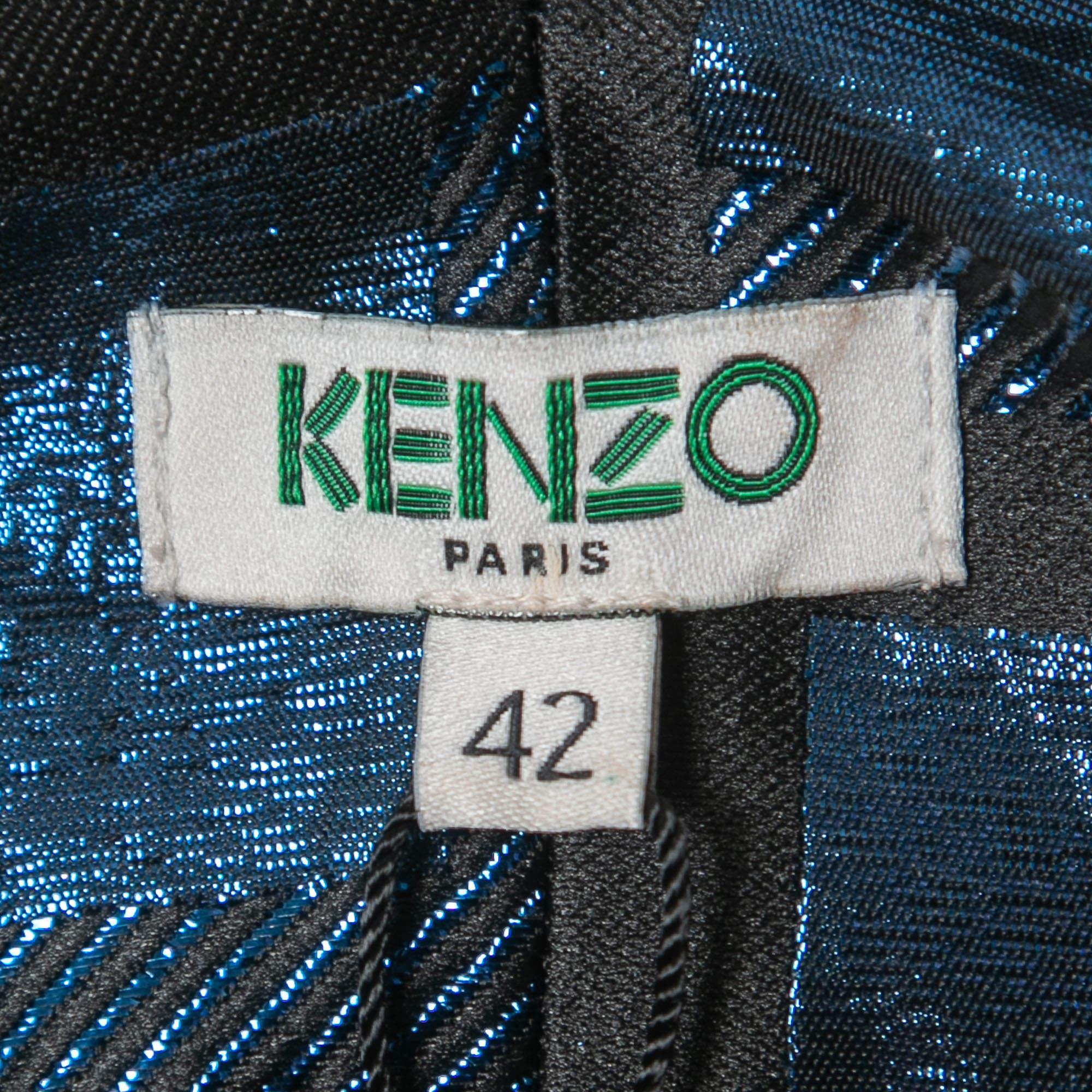 Women's Kenzo Black & Blue Metallic Square Jacquard Shift Dress L