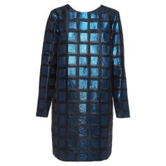 Kenzo Black & Blue Metallic Square Jacquard Shift Dress L