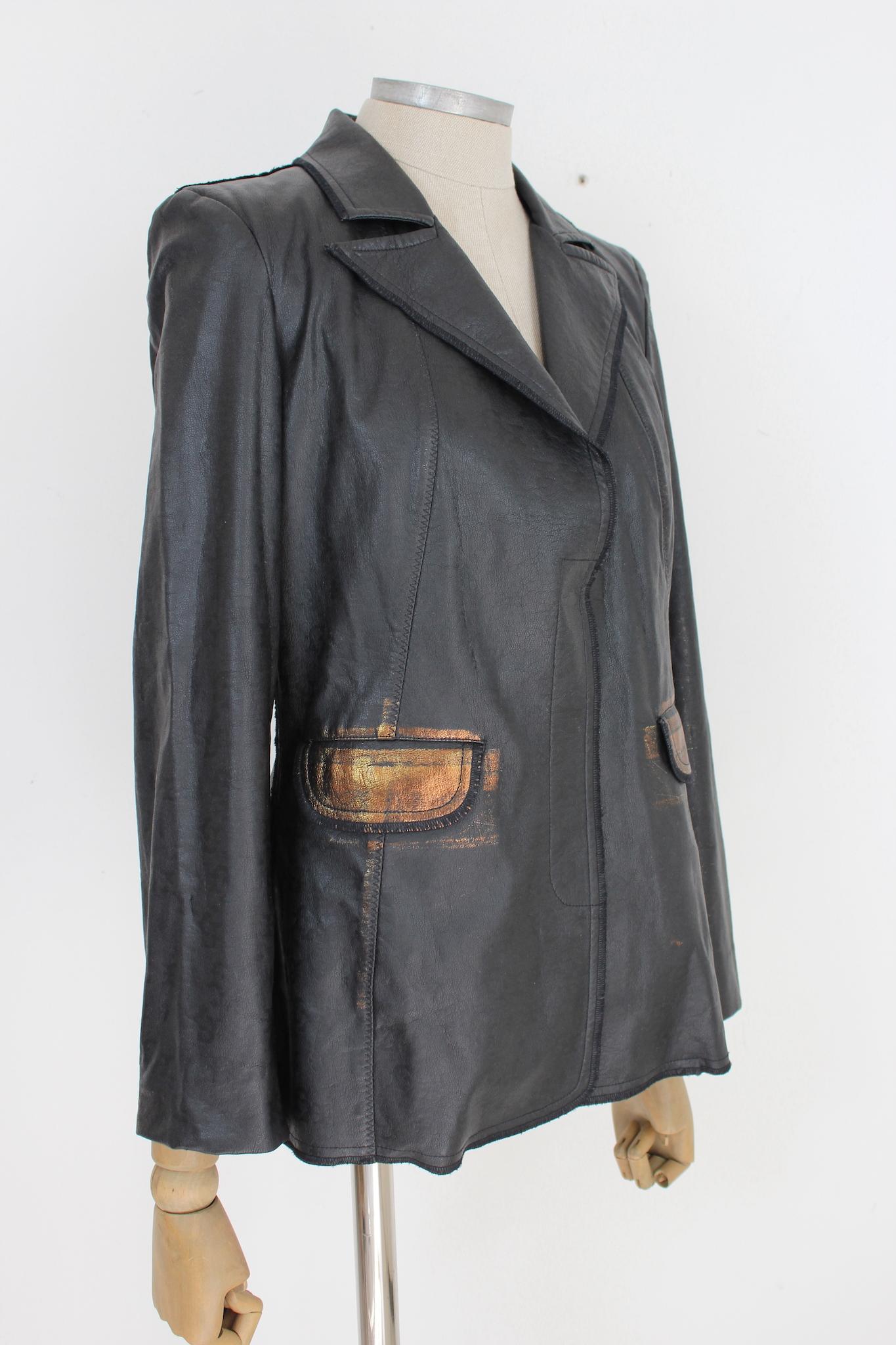 Women's Kenzo Black Bronze Vintage Faux Leather Blazer 80s