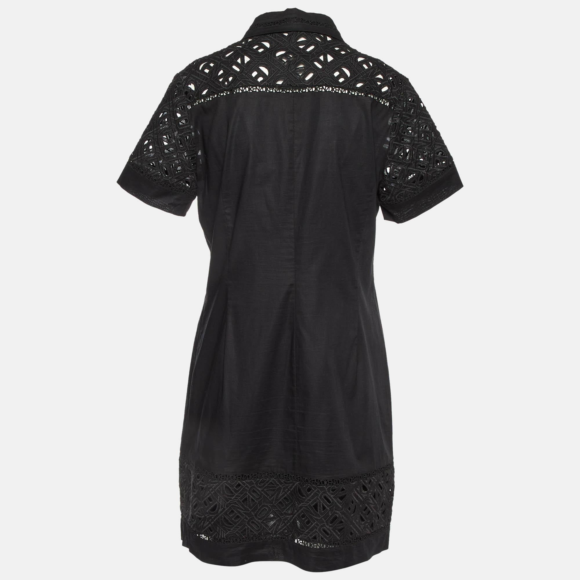 Noir Kenzo Black Cotton Poplin Lace Detailed Short Sleeve Dress M en vente
