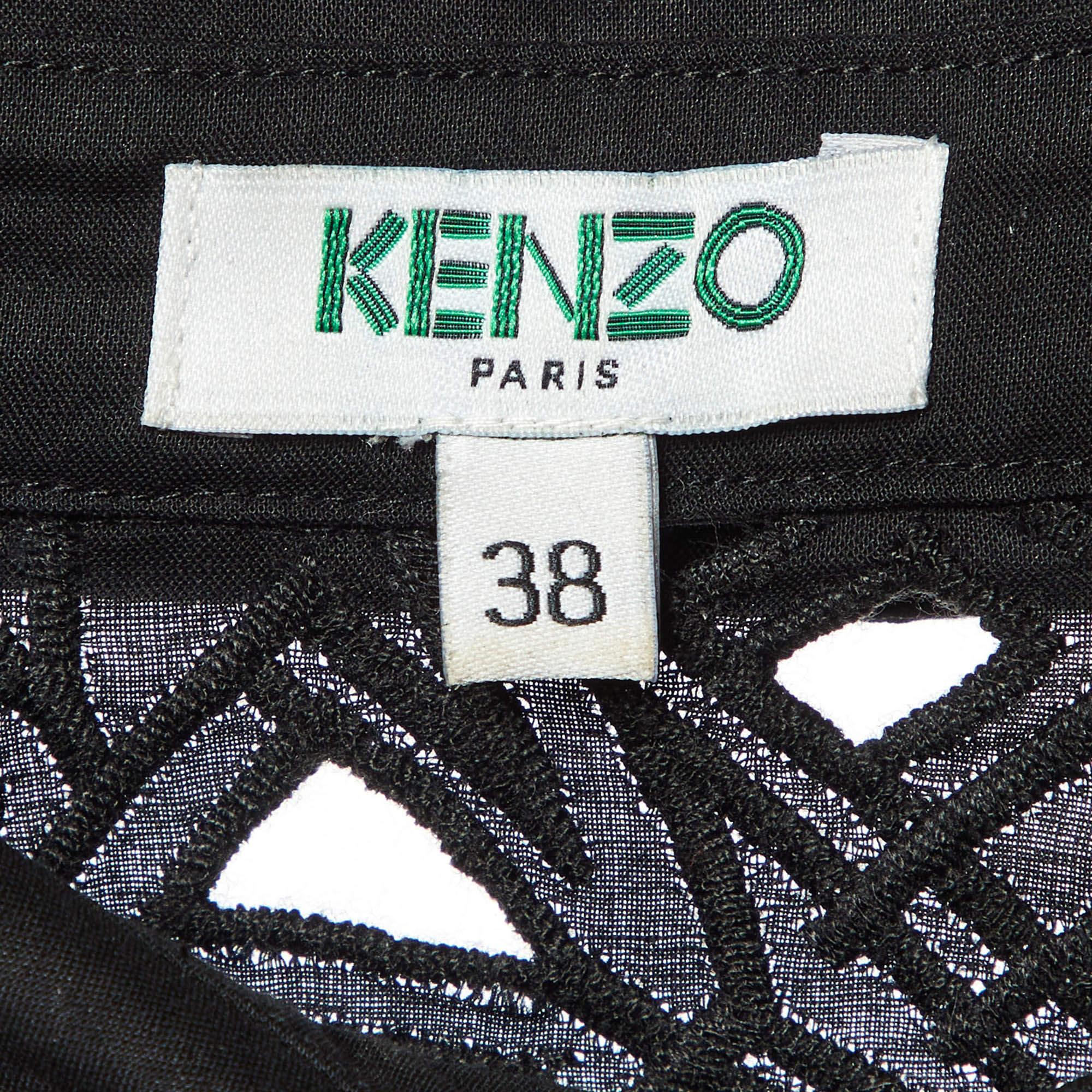 Kenzo Black Cotton Poplin Lace Detailed Short Sleeve Dress M en vente 1