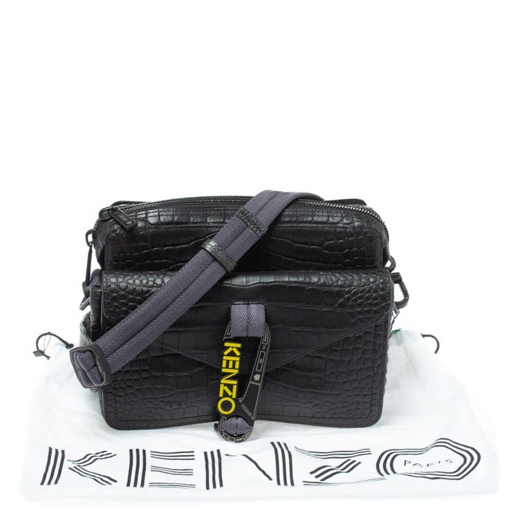Kenzo Black Croc Embossed Leather Hiker Crossbody Bag