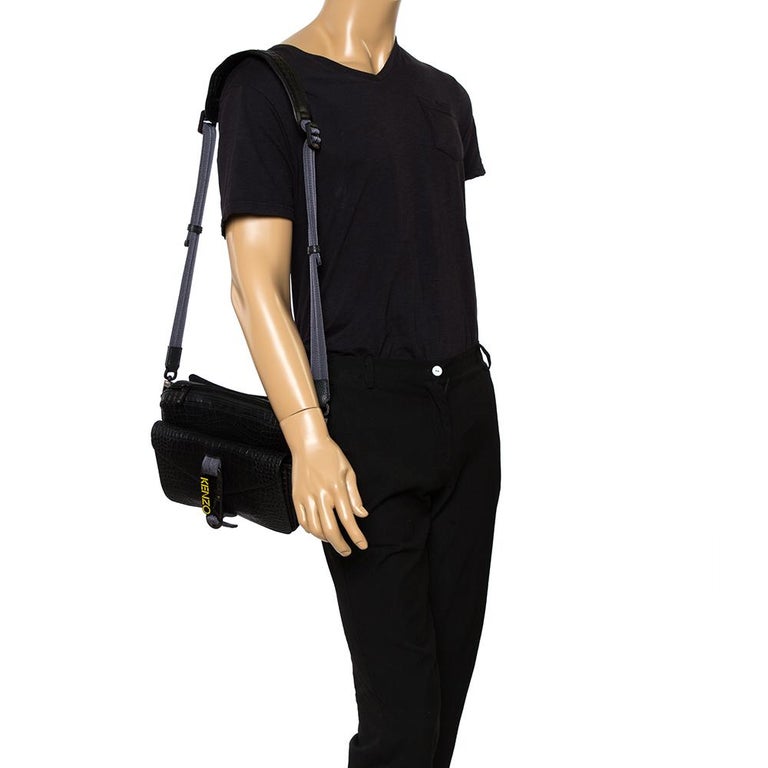 Kenzo Black Croc Embossed Leather Hiker Crossbody Bag at 1stDibs