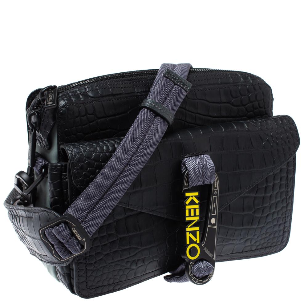 Kenzo Black Croc Embossed Leather Hiker Crossbody Bag In Excellent Condition In Dubai, Al Qouz 2