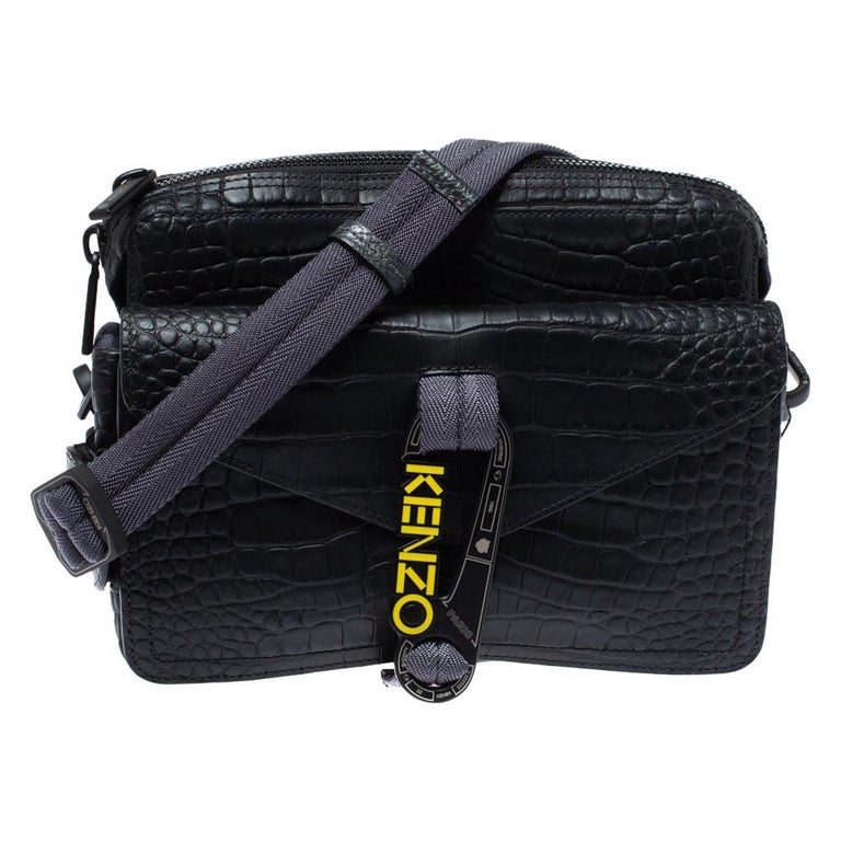 Kenzo Black Croc Embossed Leather Hiker Crossbody Bag at 1stDibs