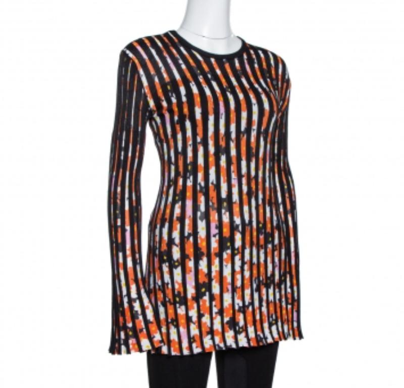 Kenzo Black Jackie Flowers Print Knit Pleated Long Sleeve Top XS In Good Condition For Sale In Dubai, Al Qouz 2
