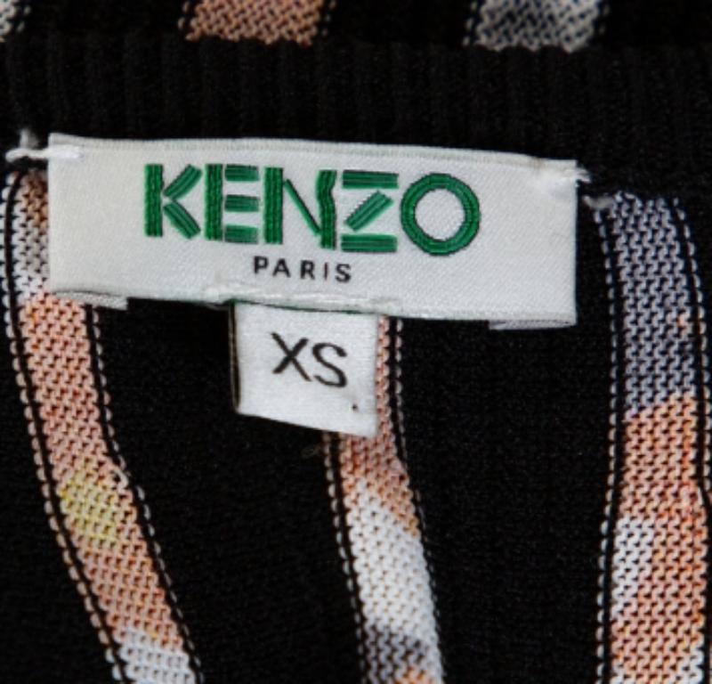 Women's Kenzo Black Jackie Flowers Print Knit Pleated Long Sleeve Top XS For Sale
