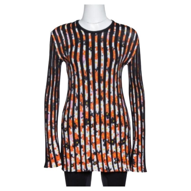 Kenzo Black Jackie Flowers Print Knit Pleated Long Sleeve Top XS For Sale