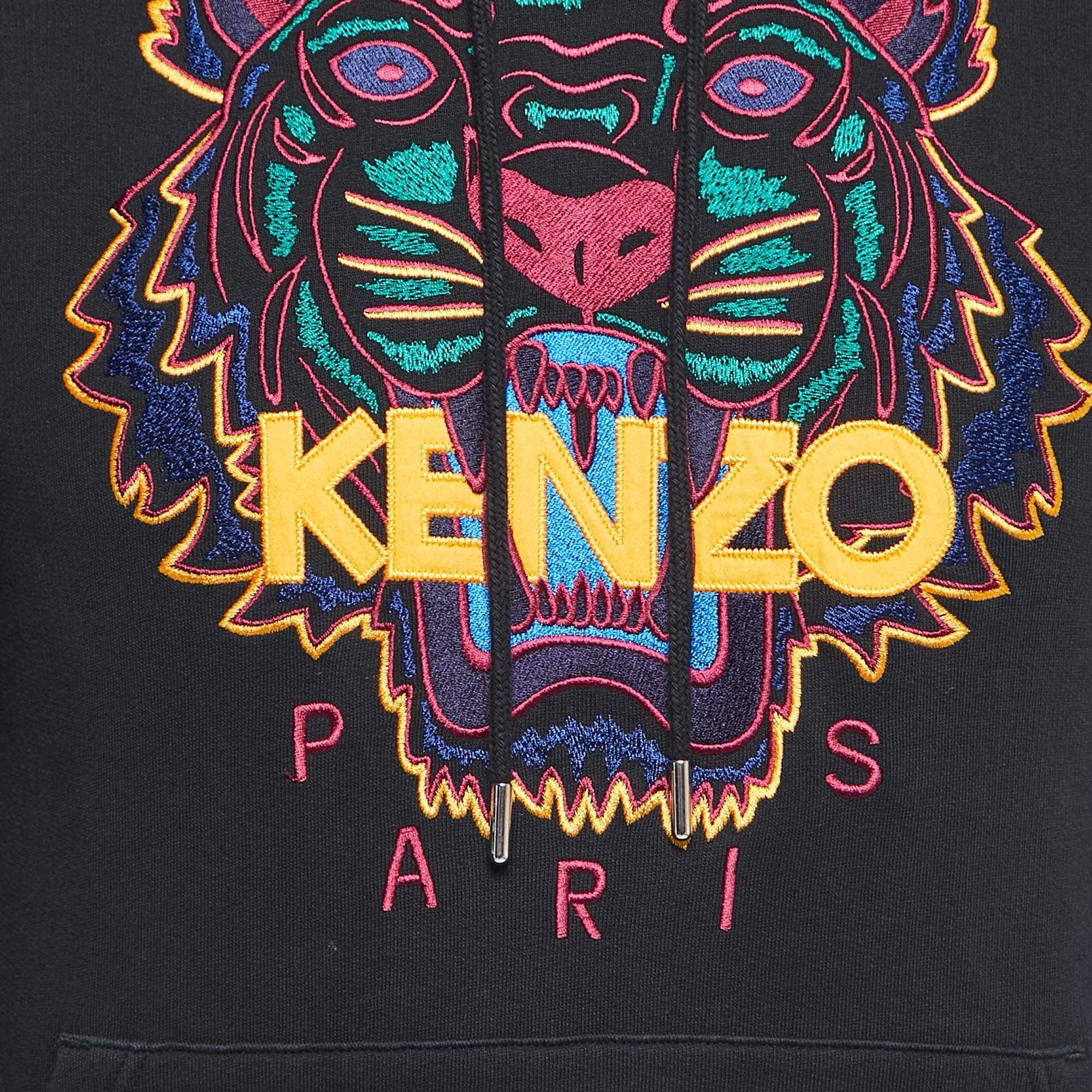 Kenzo Black Logo Embroidered Cotton Knit Hoodie XS In Good Condition For Sale In Dubai, Al Qouz 2