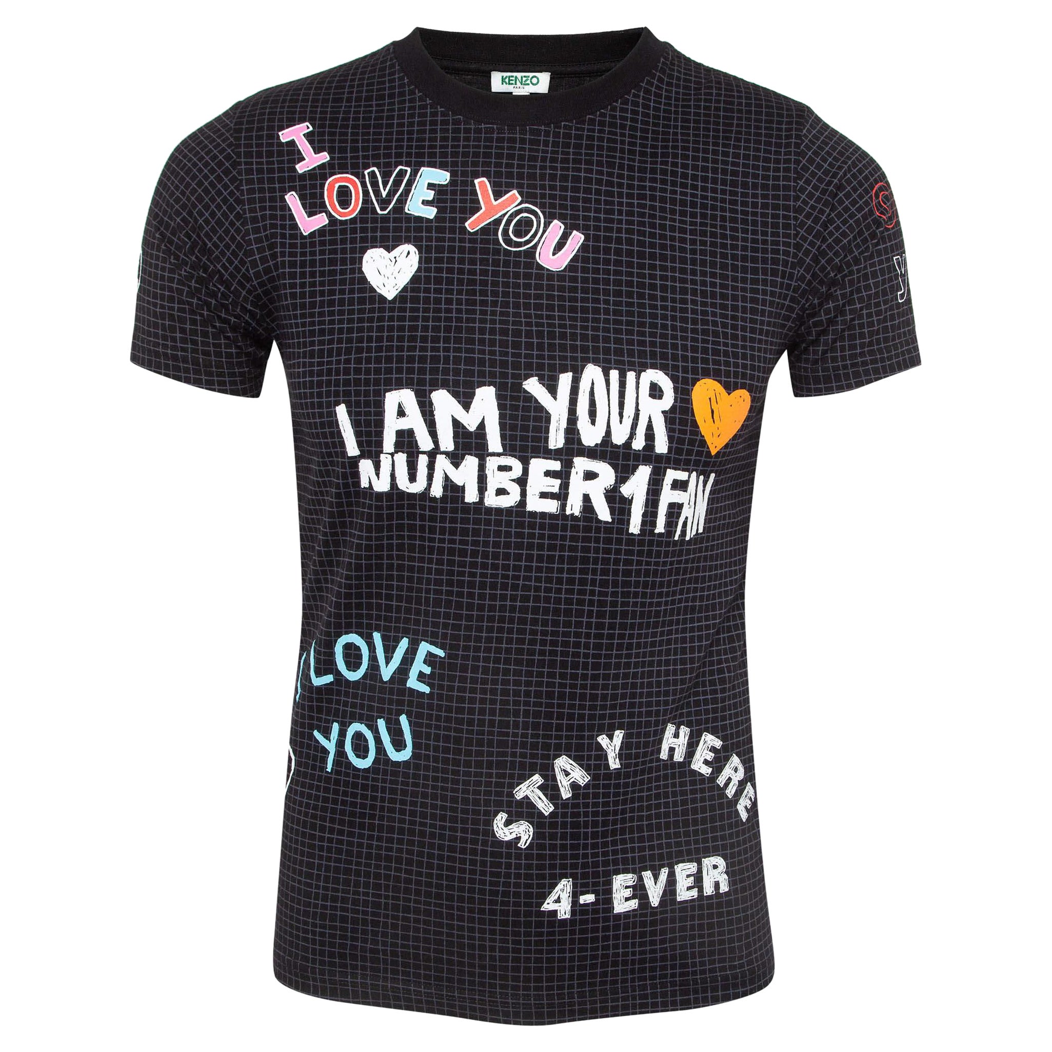 Kenzo Schwarz 'i Love You' Fan Zeichen Baumwolle Rundhalsausschnitt T-shirt XS im Angebot