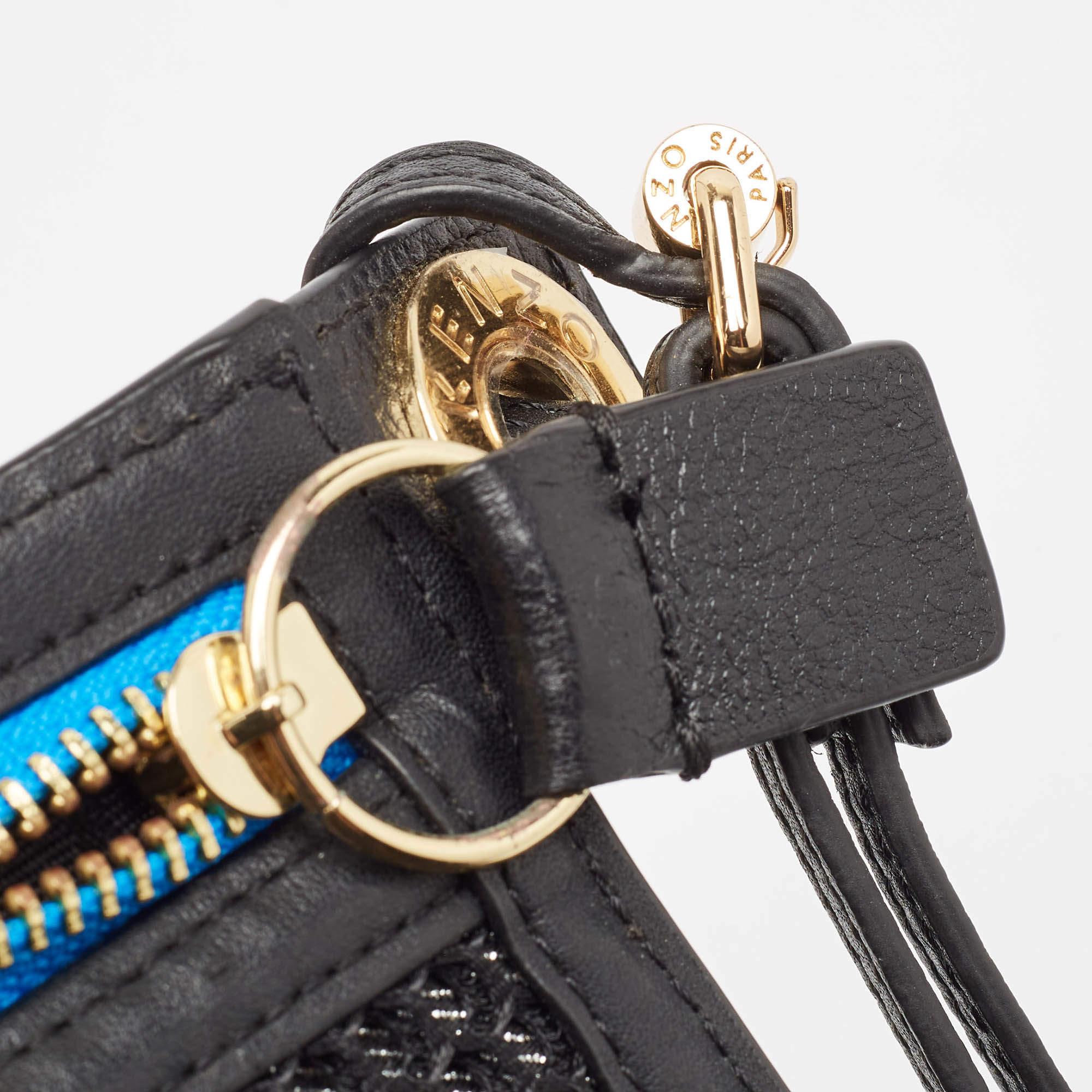 Kenzo, astuccio organizer in pelle e tessuto nero/multicolore in vendita 1