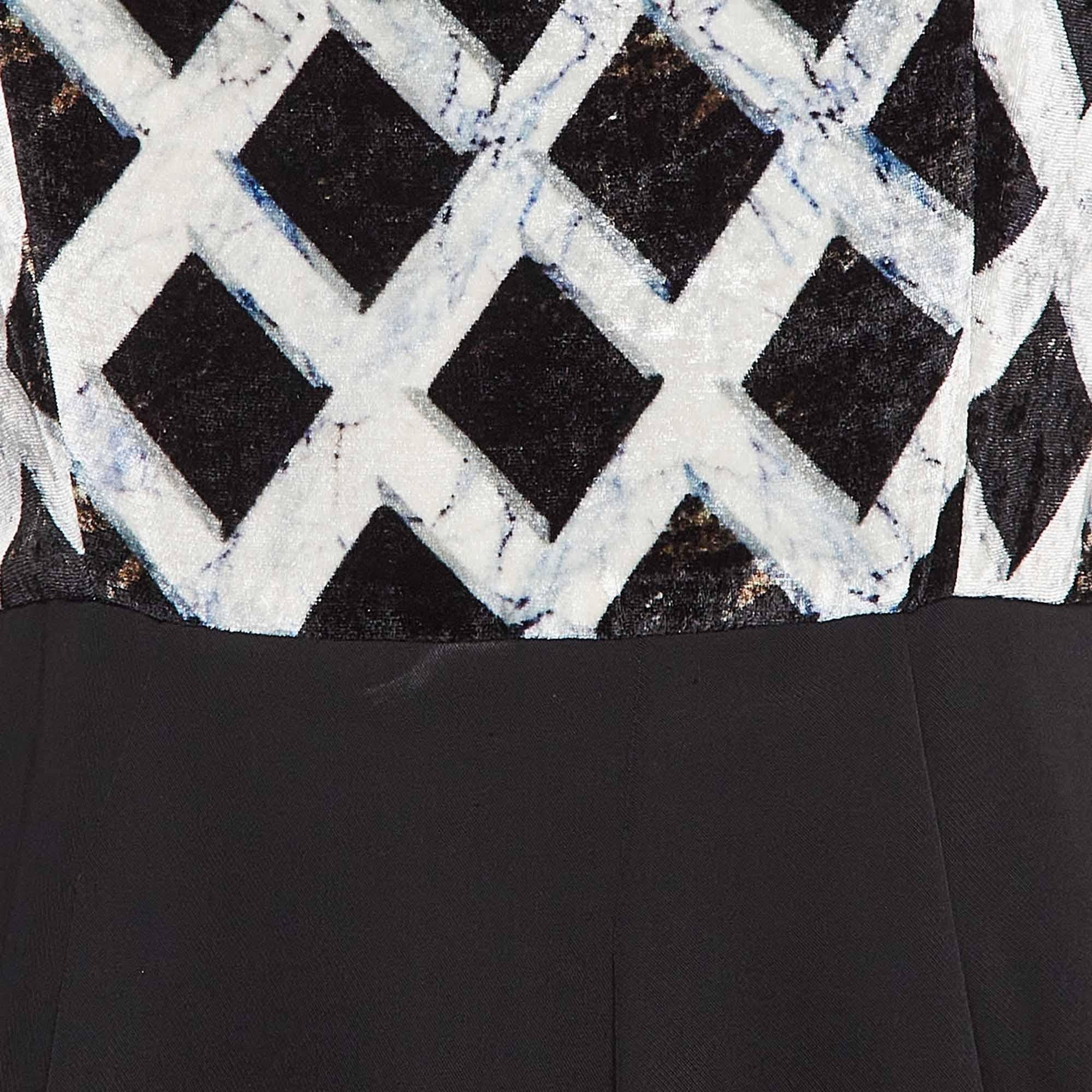 Kenzo Black Printed Velvet and Stretch Crepe Asymmetric Midi Dress S In Good Condition For Sale In Dubai, Al Qouz 2