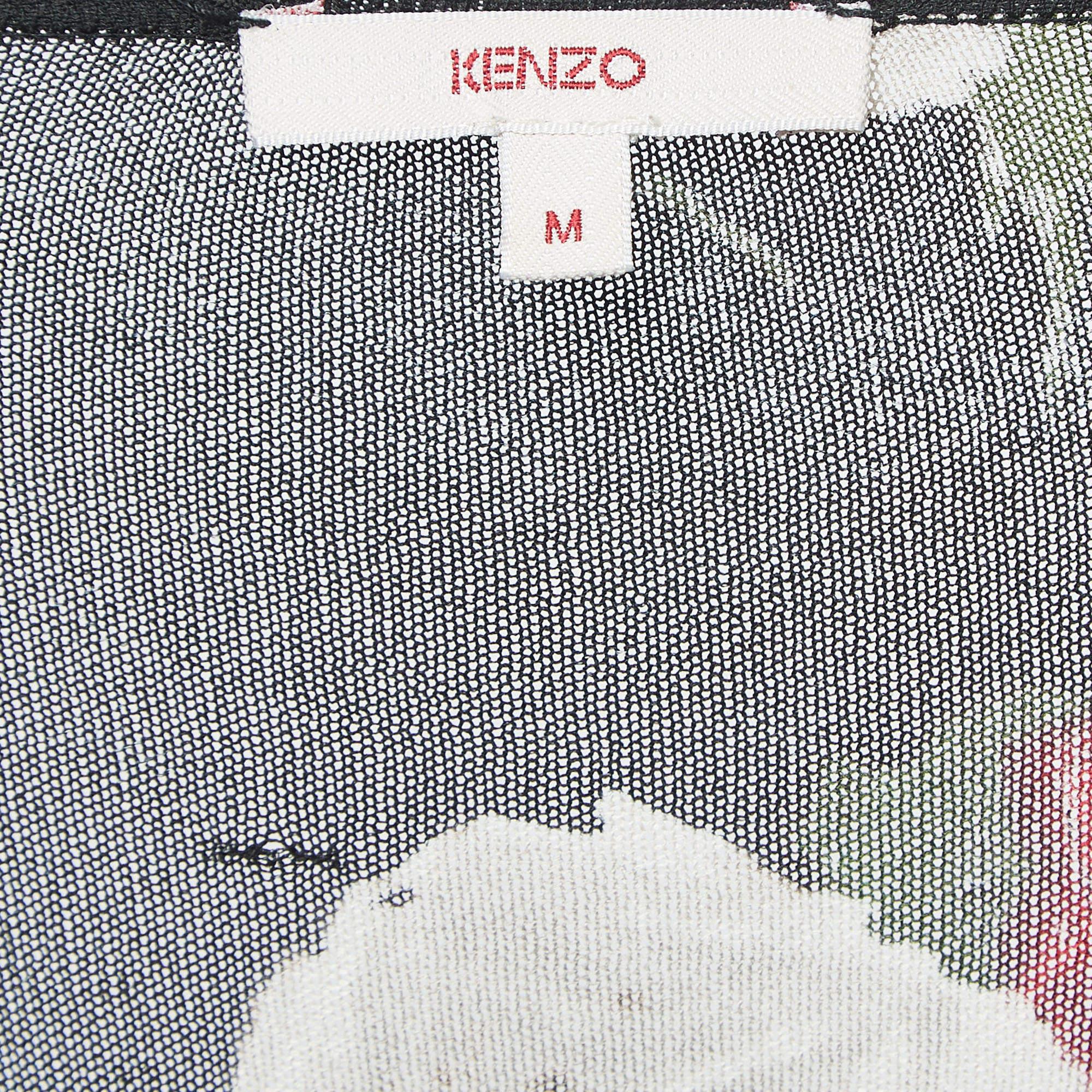 Donna Kenzo - Top a maniche lunghe in seta con stampa floreale a quadri nero/rosso - M. I. in vendita