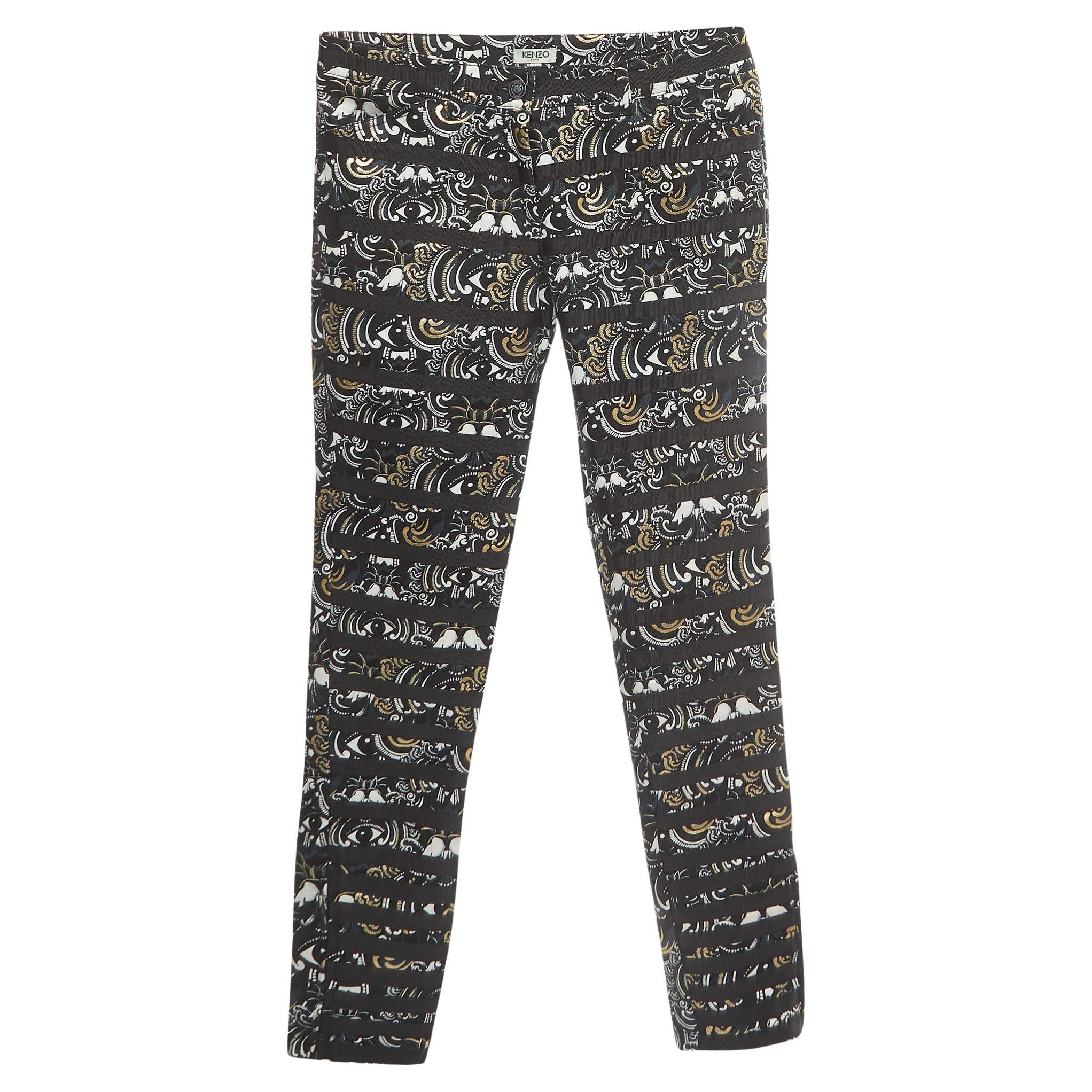 Kenzo Pantaloni con stampa 'The Eye' neri in gabardina con strisce applicate M. I. in vendita