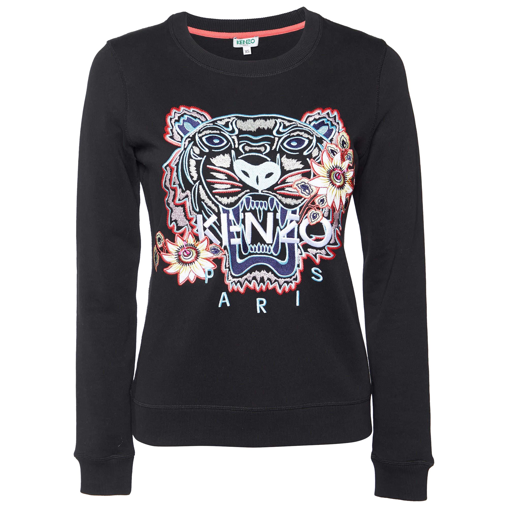 Kenzo Schwarzes Tiger-Pullovershirt aus bestickter Baumwolle mit Rundhalsausschnitt XS