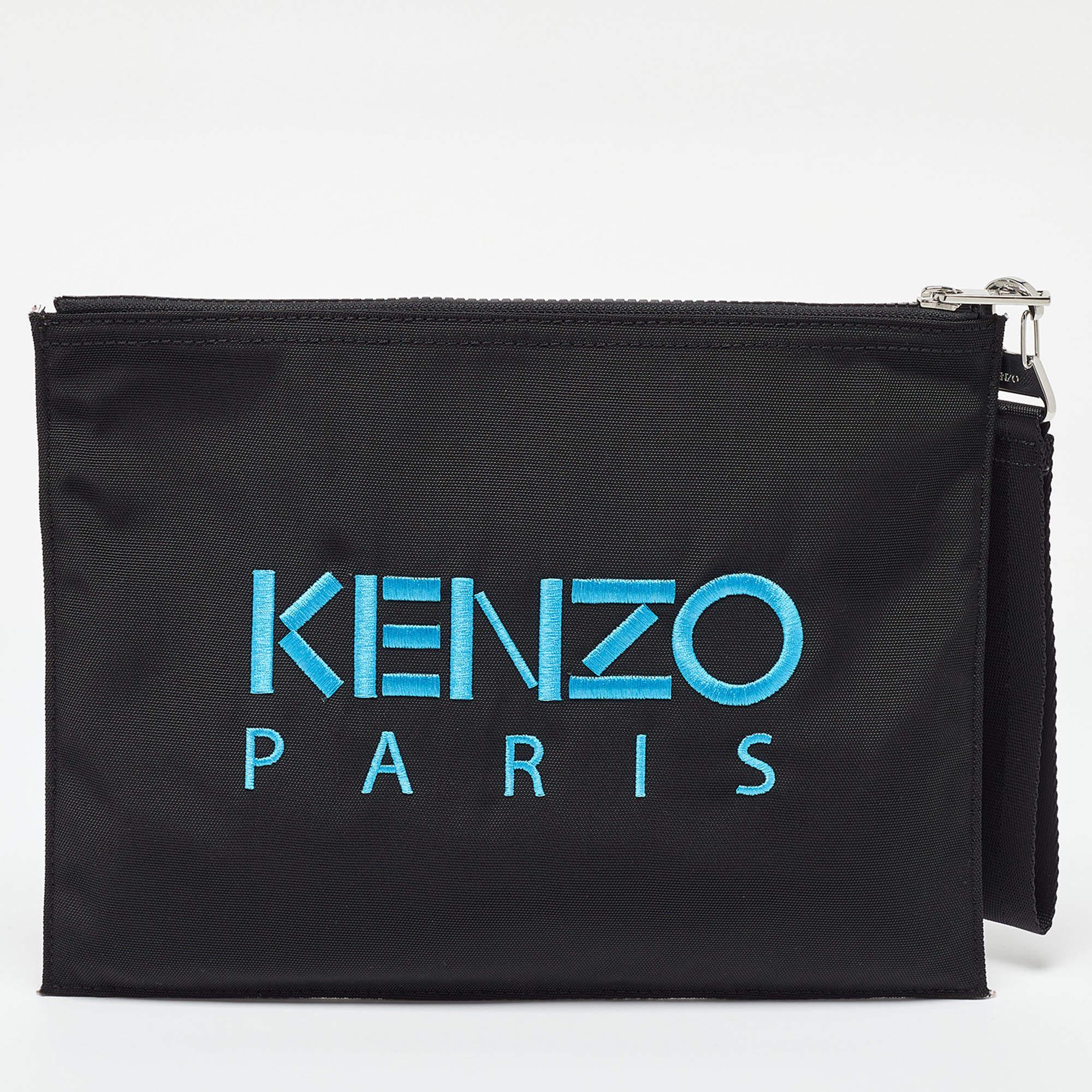 Women's Kenzo Black Tiger Embroidered Leather Zip Flat Pouch
