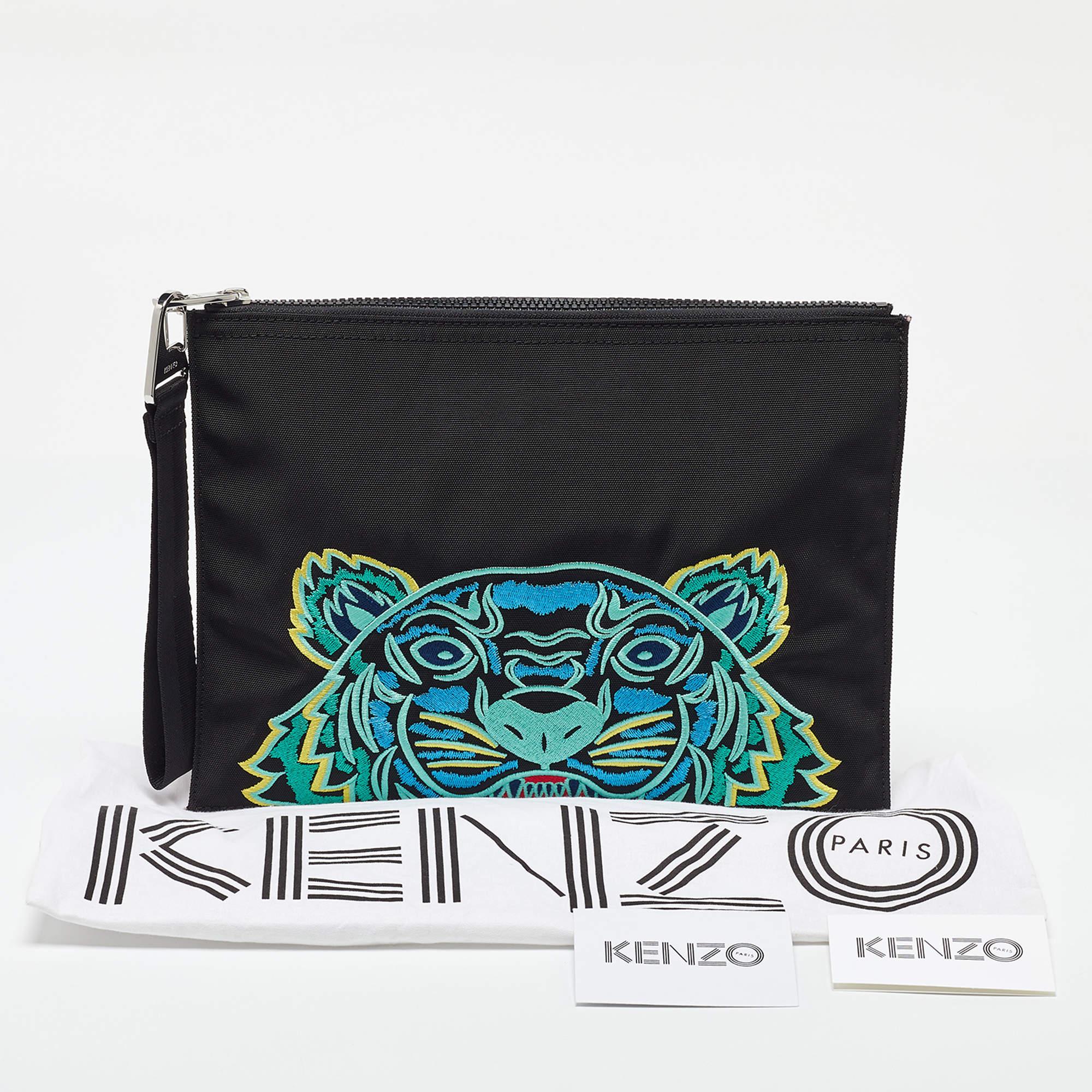 Kenzo Black Tiger Embroidered Leather Zip Flat Pouch 2