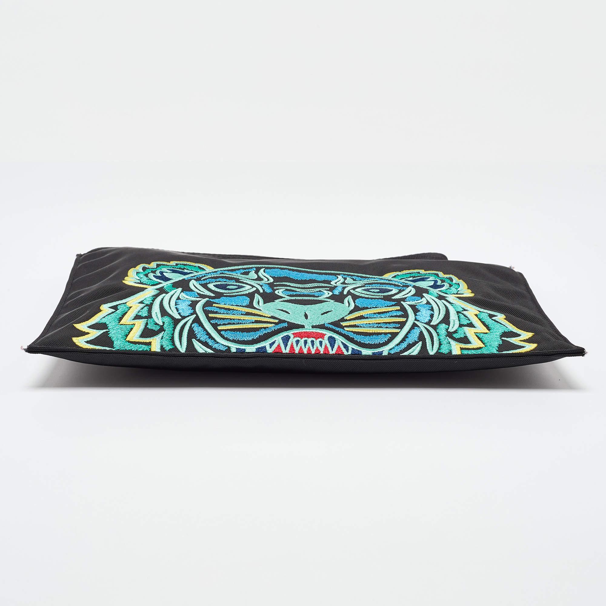 Kenzo Black Tiger Embroidered Leather Zip Flat Pouch 3