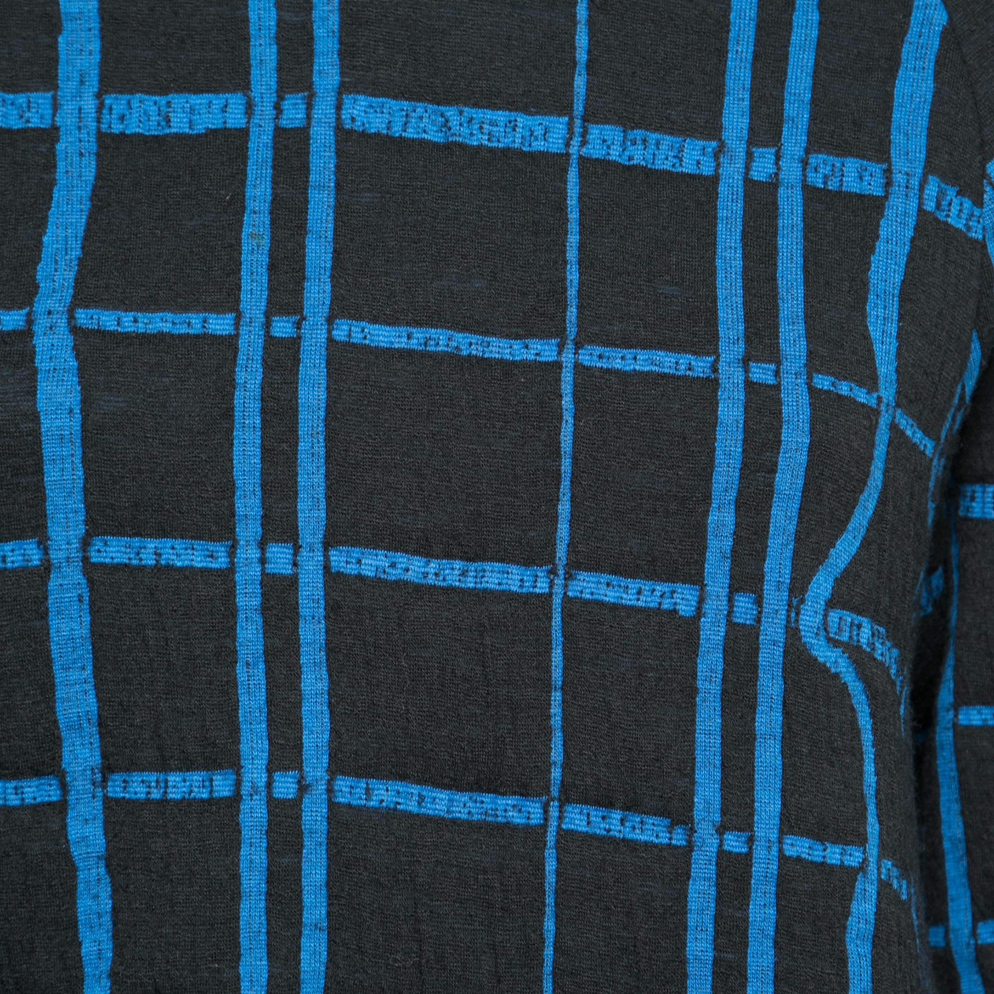Kenzo Blue and Black Checkered Printed Knit Long Sleeve Crew Neck Sweater L In Good Condition In Dubai, Al Qouz 2