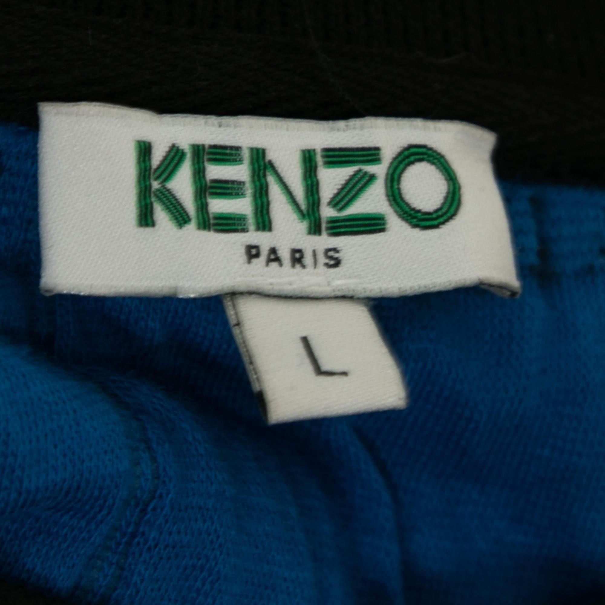 Women's Kenzo Blue and Black Checkered Printed Knit Long Sleeve Crew Neck Sweater L