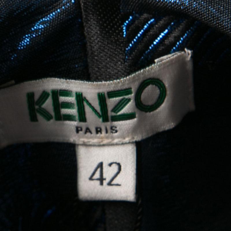 Women's Kenzo Blue and Black Metallic Square Jacquard Long Sleeve Shift Dress L