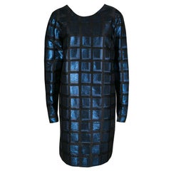 Kenzo Blue and Black Metallic Square Jacquard Long Sleeve Shift Dress L