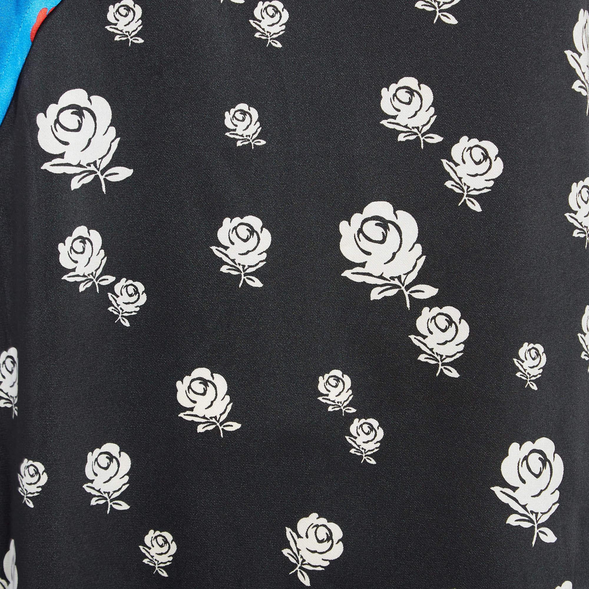 Kenzo Blue/Black Rose Print Crepe Ruffled Midi Dress M In Good Condition In Dubai, Al Qouz 2
