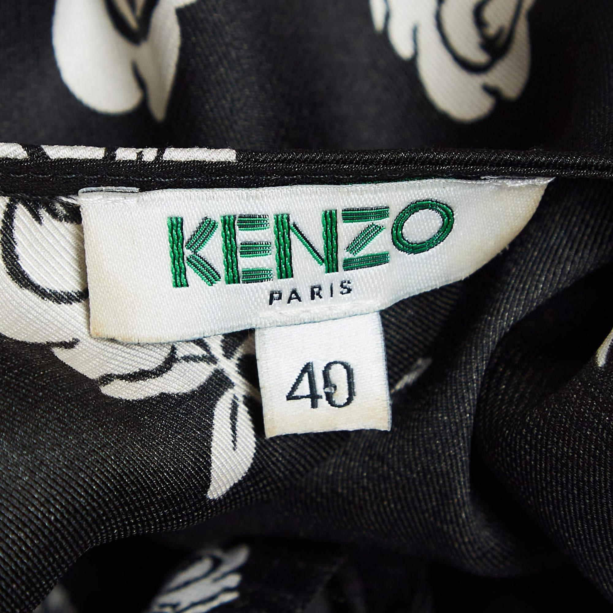 Women's Kenzo Blue/Black Rose Print Crepe Ruffled Midi Dress M