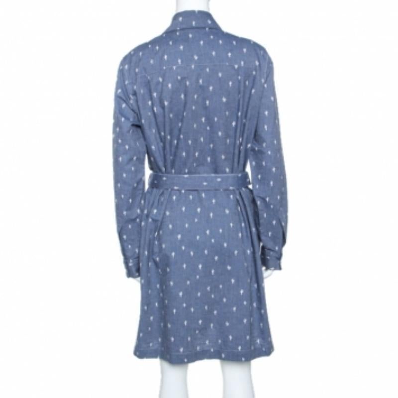 Kenzo Blue Denim Cactus Print Belted Shirt Dress L im Zustand „Gut“ im Angebot in Dubai, Al Qouz 2