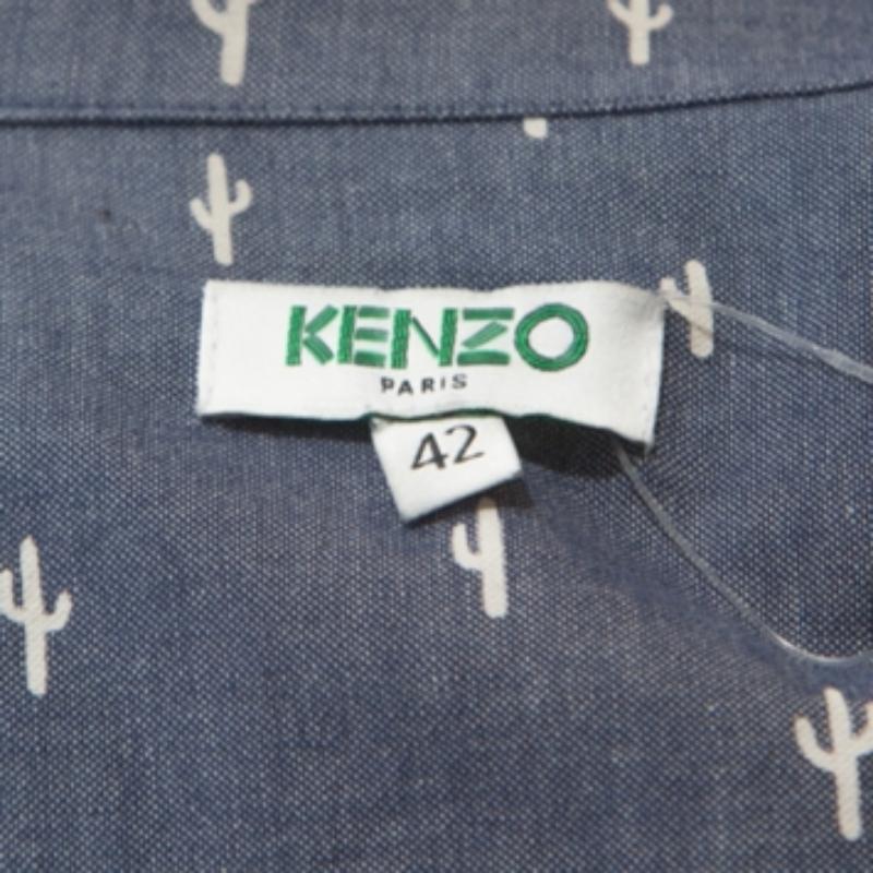 Kenzo Blue Denim Cactus Print Belted Shirt Dress L Damen im Angebot