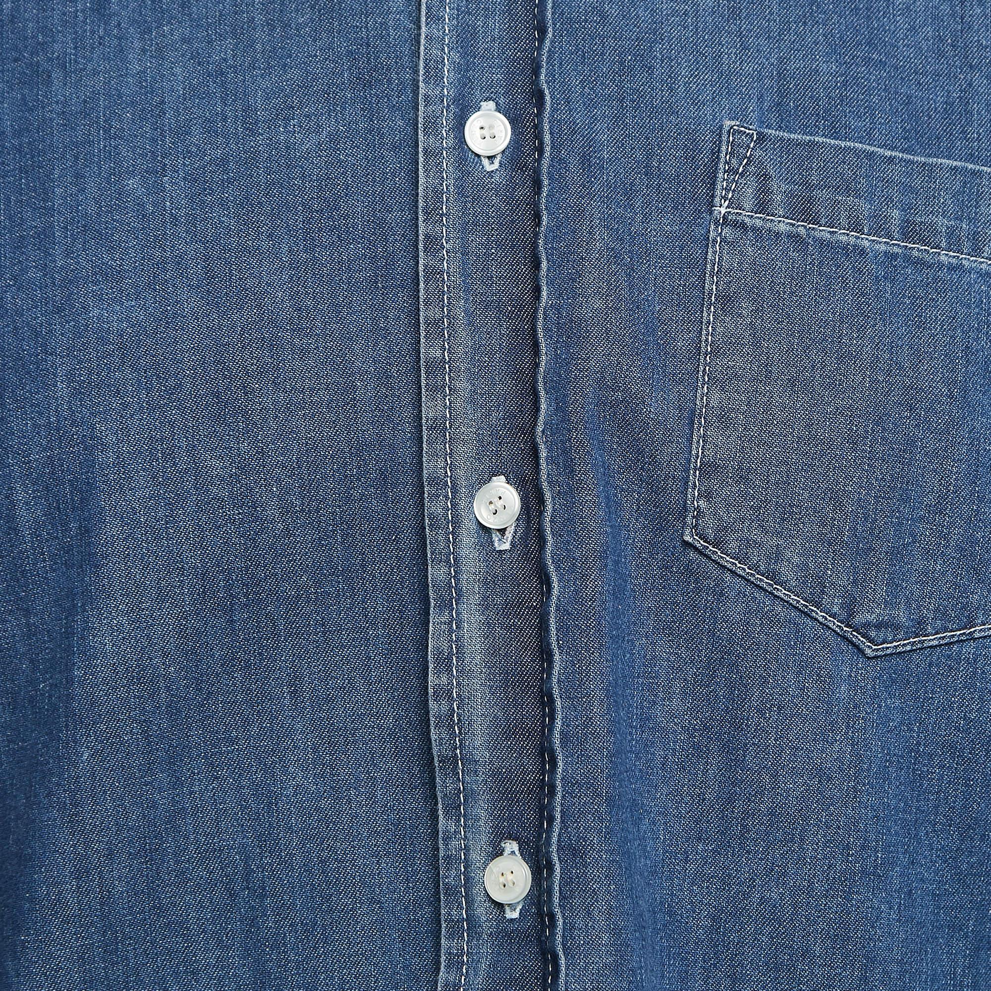 Kenzo Blue Denim Logo Patch Button Front Shirt M In Good Condition For Sale In Dubai, Al Qouz 2