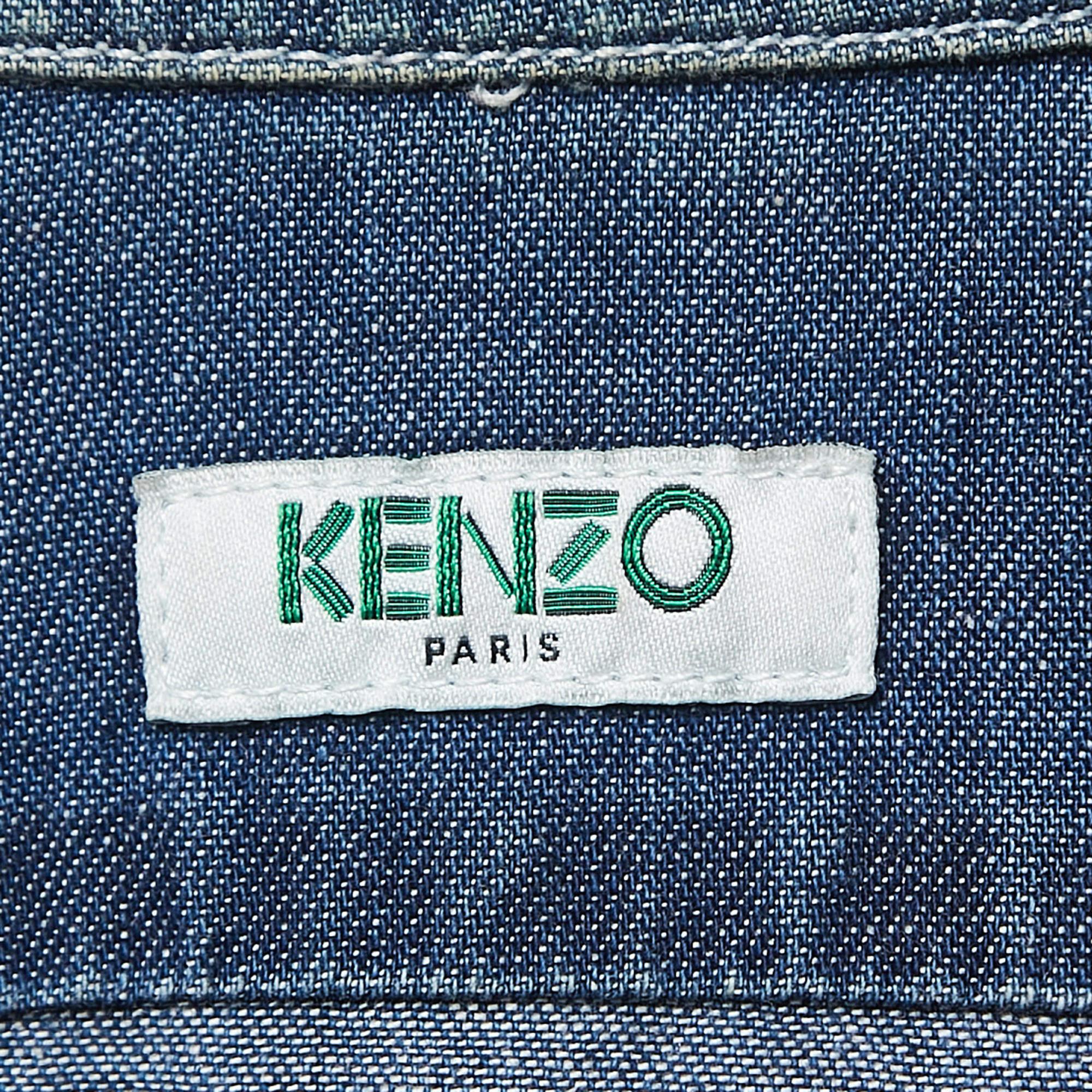 Men's Kenzo Blue Denim Logo Patch Button Front Shirt M For Sale