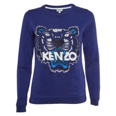 Kenzo Blue Logo Embroidered Cotton Crew Neck Sweatshirt S