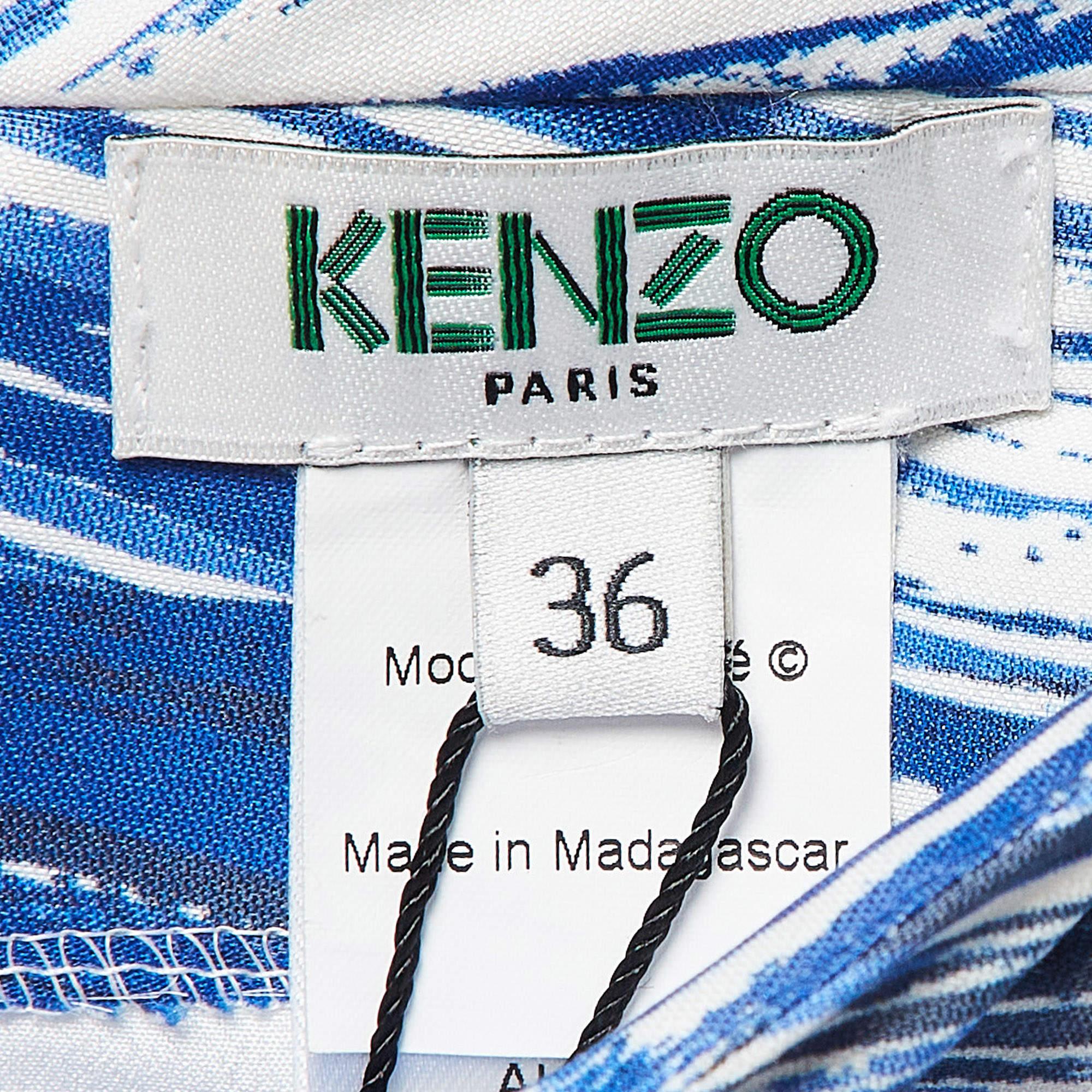 Women's Kenzo Blue Printed Cotton Blend Embroidered Hem Skirt S For Sale